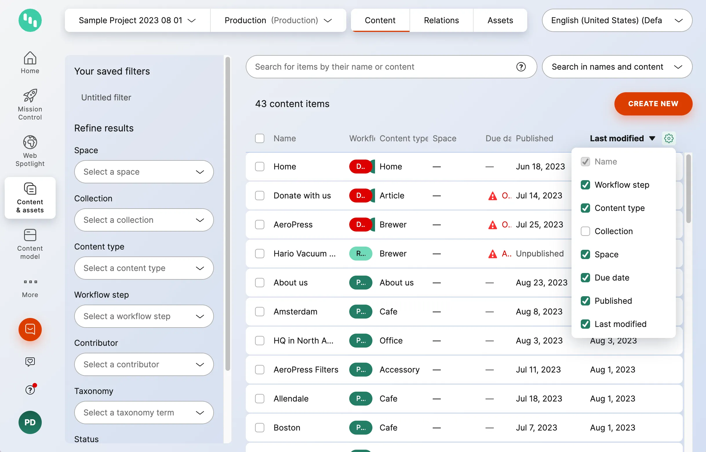 Current state: the filter panel occupies the full left side of the content inventory, pushing the table into a narrow column