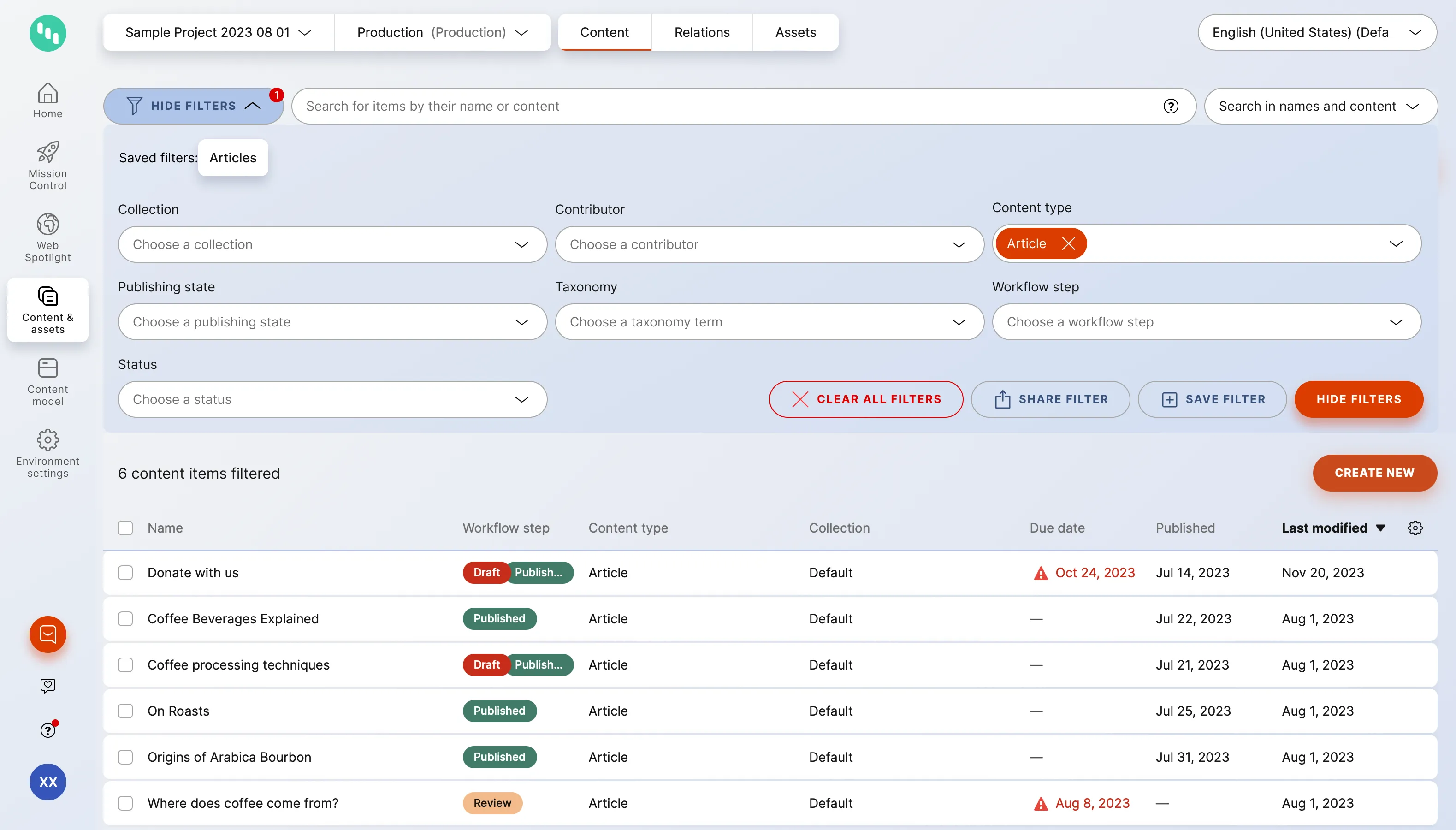 Expanded state: filters appear above the table, content remains visible below